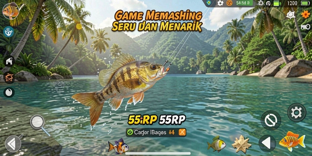 Tampilan gameplay menarik dari 55RP, menunjukkan aksi menangkap ikan.