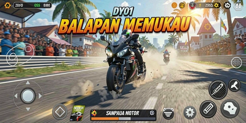 Tampilan gameplay balapan motor yang seru dan mendebarkan.