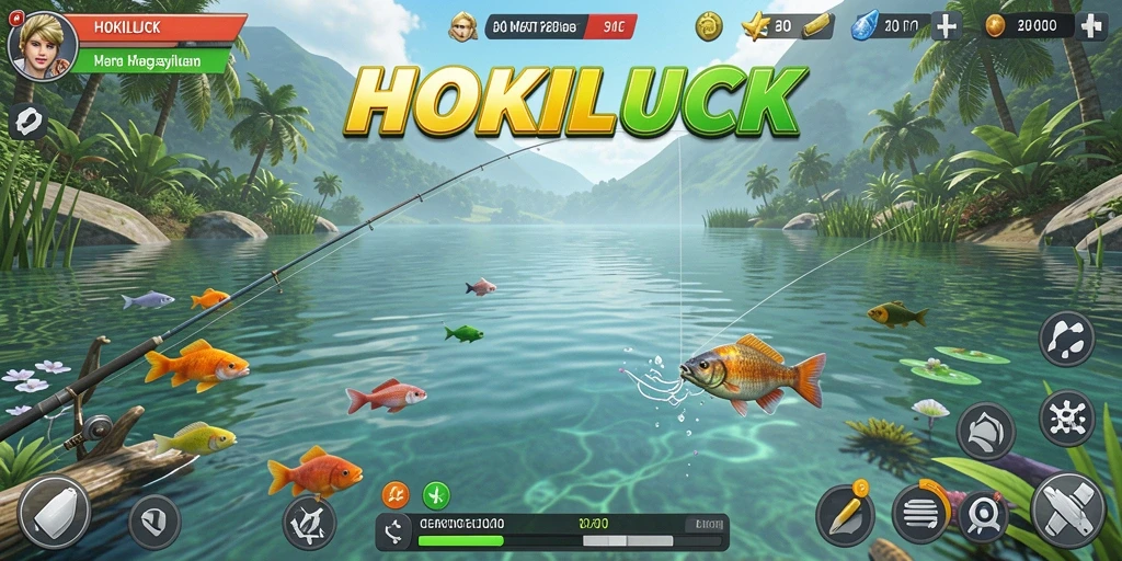 Tampilan layar utama HOKILUCK menampilkan aksi memancing yang seru.