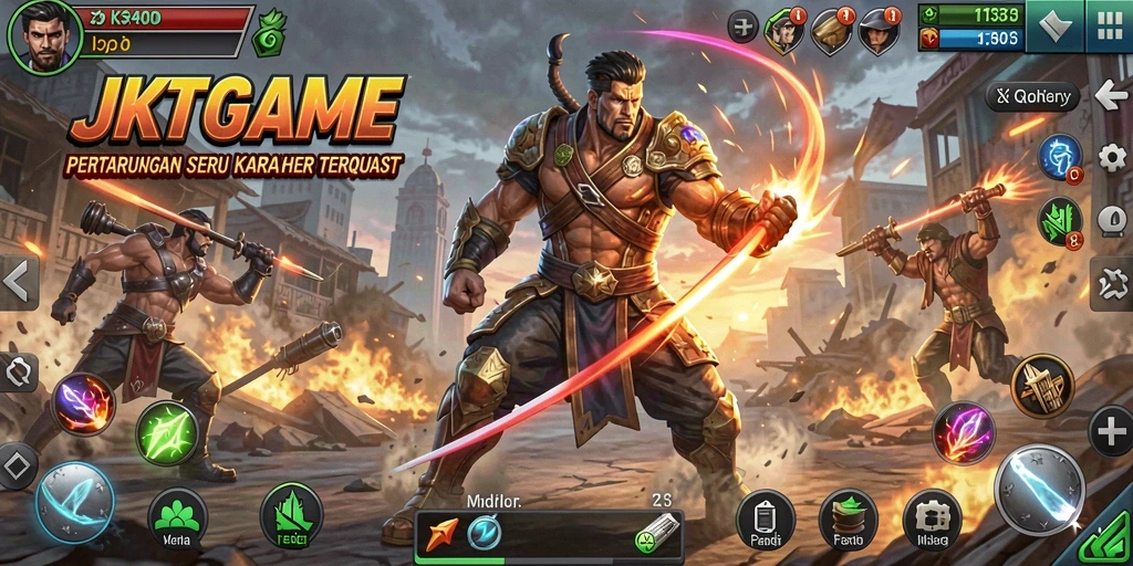 Tampak aksi pertarungan seru di JKTGAME dengan berbagai karakter.