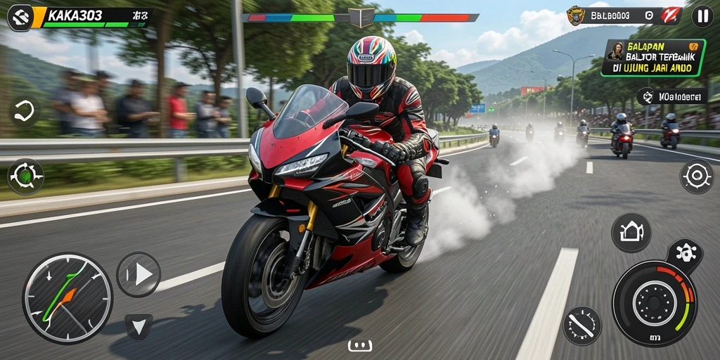 Tampilan gameplay KAKA303 dengan motor balap di lintasan.