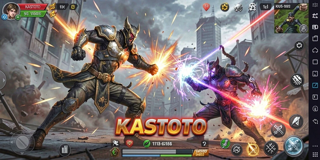 Gameplay KASTOTO menampilkan aksi pertempuran yang intens dan mendebarkan.