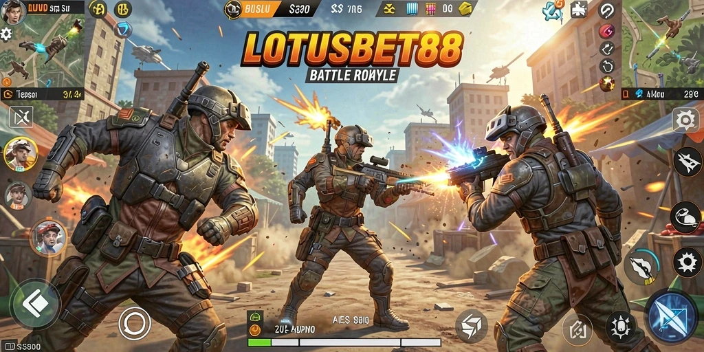 Tangkapan layar menunjukkan aksi intens dalam permainan Battle Royale LOTUSBET88.
