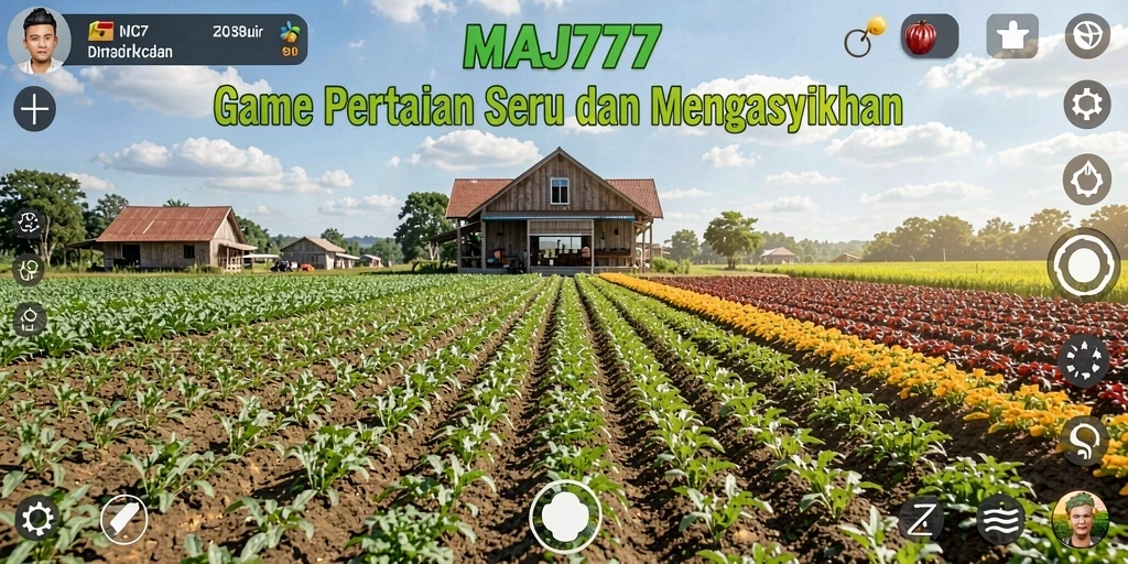 Tampilan screenshot MAJ777 menunjukkan ladang yang rimbun dan hewan ternak yang menggemaskan.