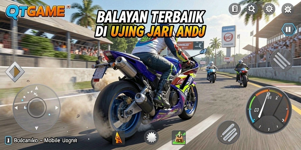 Tangkapan layar game menunjukkan balapan motor yang mendebarkan.