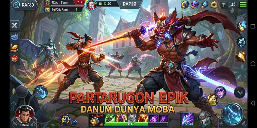 Gameplay seru di arena MOBA dengan pertarungan melawan lawan.