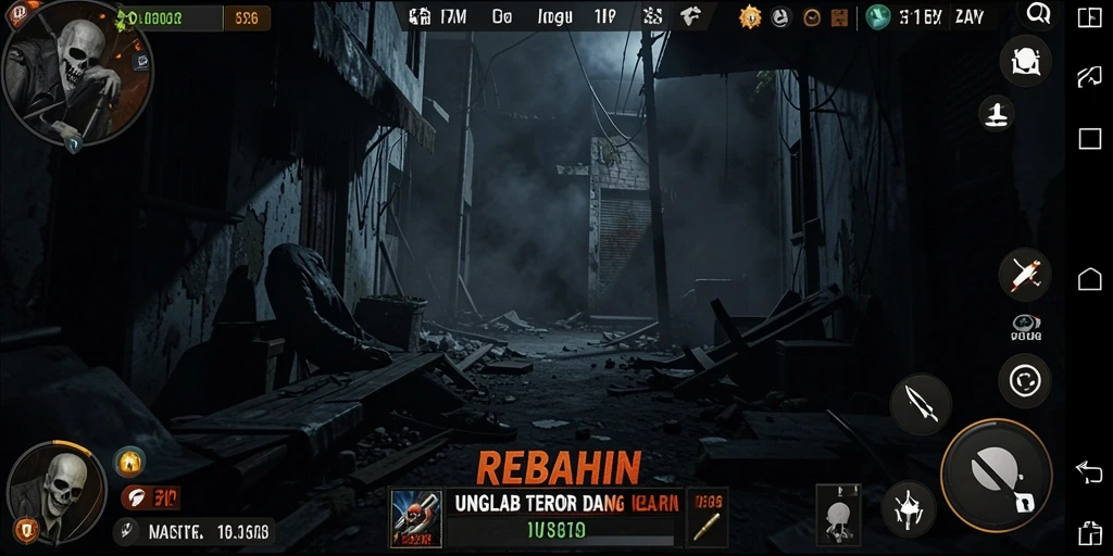 Tangkapan layar menampakkan gameplay menegangkan di dunia gelap REBAHIN.