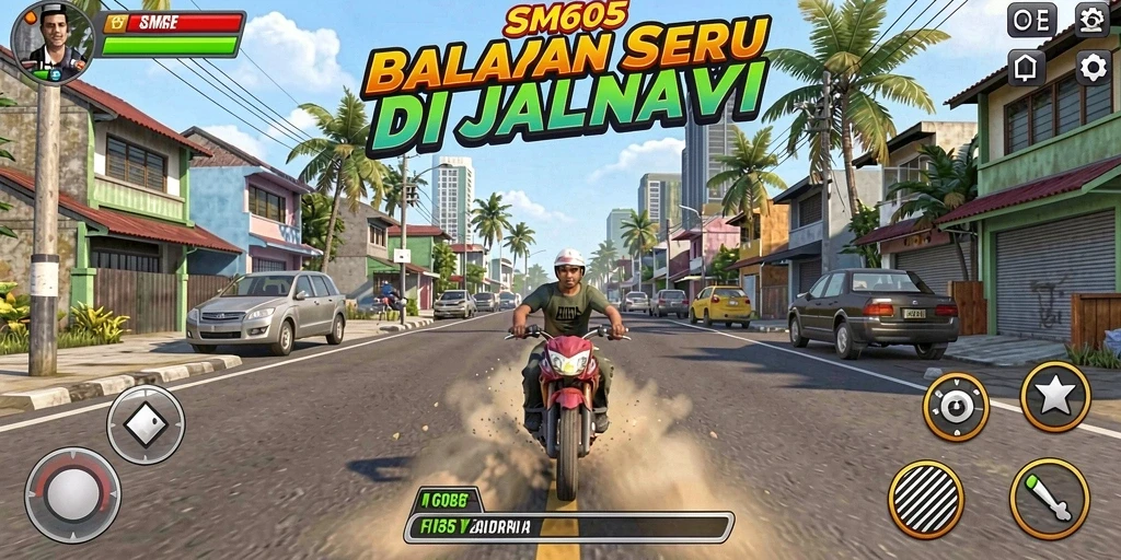Tangkapan layar gameplay SM605 memperlihatkan aksi balapan yang mendebarkan.